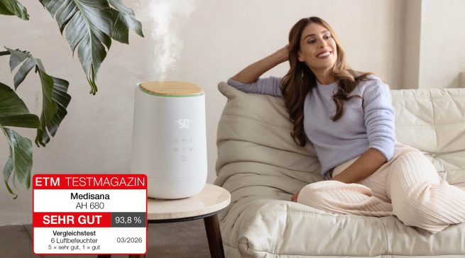 Der 3-in-1-Luftbefeuchter AH 680 von medisana wurde vom ETM Testmagazin mit der Bestnote „sehr gut“ ausgezeichnet. Im Vergleichstest erreichte das Gerät 93,8 Prozent und überzeugte insbesondere durch Luftbefeuchtung, Bedienkomfort, Funktionalität und Ausstattung.
