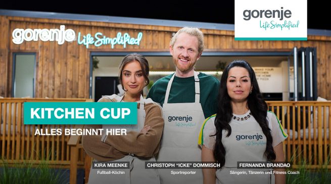 Beim „Kitchen Cup“ treten Fernanda Brandão, Kira Meenke und Sportreporter Christoph „Icke“ Dommisch in kreativen Koch-Challenges gegeneinander an und sorgen für WM-Stimmung auf den Social-Media-Kanälen von Gorenje. 