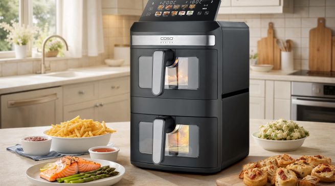Maximale Flexibilität auf kleiner Stellfläche: Die neue AirFry DuoTower von CASO Design bereitet dank zweier separater Körbe zwei Gerichte gleichzeitig zu – knusprig, vielseitig und platzsparend.