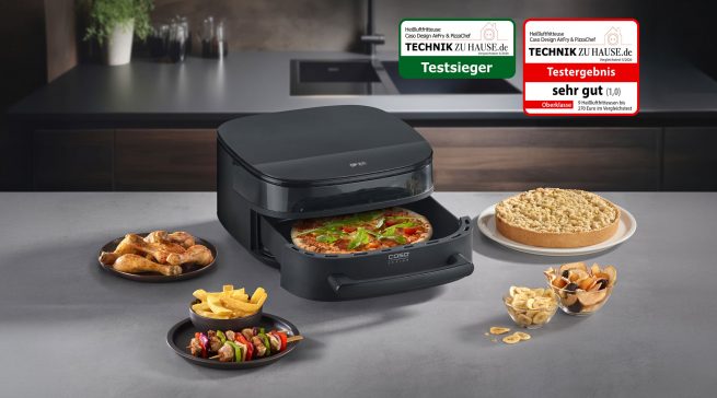 Mit der neuen Design Heißluftfritteuse AirFry & PizzaChef kann sogar Pizza bis zu 30 cm Durchmesser lecker zubereitet werden.