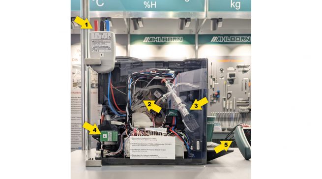 Die angeschlossene Messtechnik im Detail: Die im Bild gekennzeichneten Positionen 1 bis 5 zeigen die eingesetzten Komponenten zur Erfassung von Leistung, Temperatur, Druck, Durchfluss und Datenlogging an der Kaffeemaschine.