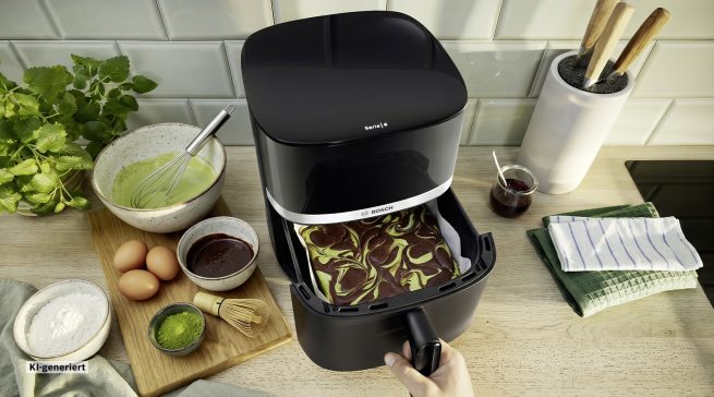 Matcha-Cookies, Muffins, Brownies und Shortbread lassen sich nach Angaben von Bosch mit angepassten Temperaturen und verkürzten Backzeiten im Air Fryer zubereiten.