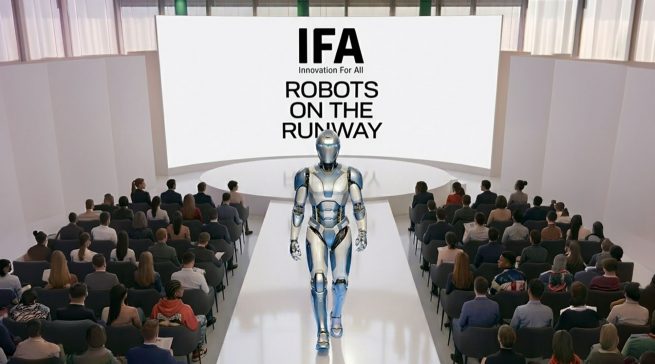 Auf der IFA Next 2026 zeigen Unternehmen, Start-ups und Forschungsteams humanoide Roboter und weitere Anwendungen für Alltag, Dienstleistung, Gesundheitswesen und Industrie. Hier das Format "Robots on the Runway“. Bild: KI generiert (IFA)