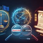 Geopolitisches Tauziehen: Während die EU mit Wettbewerbsgesetzen den Binnenmarkt schützt (links), sichert China Investitionen mit Staatsrats-Dekreten (rechts). Im Zentrum steht die Übernahme von MediaMarktSaturn durch JD.com. Foto AI generated