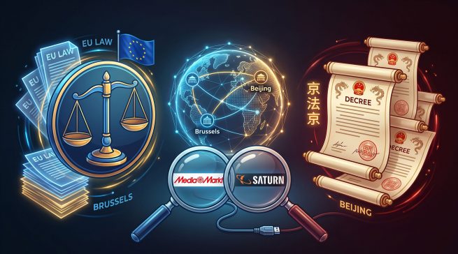 Geopolitisches Tauziehen: Während die EU mit Wettbewerbsgesetzen den Binnenmarkt schützt (links), sichert China Investitionen mit Staatsrats-Dekreten (rechts). Im Zentrum steht die Übernahme von MediaMarktSaturn durch JD.com. Foto AI generated