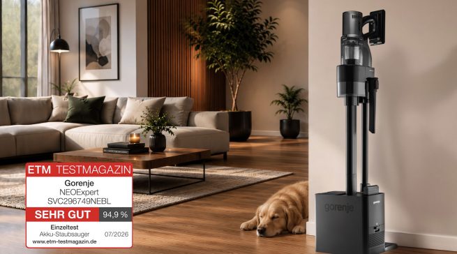 Der Gorenje Neoexpert kombiniert einen Akku-Staubsauger mit einer Station zum gleichzeitigen Laden von zwei Akkus und zur automatischen Entleerung des Staubbehälters.