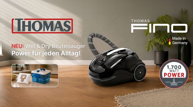 Exklusive Fachhandels-Qualität von THOMAS: Der neue Wet & Dry Beutelsauger THOMAS Fino überzeugt mit bis zu 30 % Marge, verlässlicher Qualität „Made in Germany“ und echten Mehrwerten für Ihre Kunden.