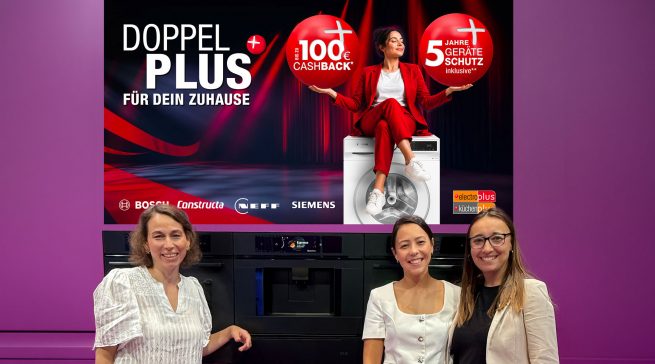electroplus küchenplus und BSH setzen auf Doppelvorteil beim Hausgerätekauf (v.l.n.r.): Alice Jank (Category Manager Major Domestic Appliances, EK Retail), Lisa Kolbert (Key Account Managerin Electrical Retail Germany, BSH) und Meike Ullrich (Senior Concept Manager electroplus, EK Retail).