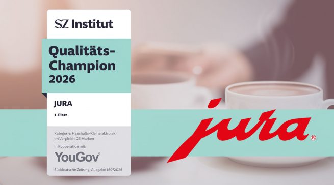 JURA wurde in einer Studie des Süddeutsche Zeitung Instituts und YouGov als Qualitäts-Champion 2026 in der Kategorie Haushalts-Kleinelektronik ausgezeichnet.