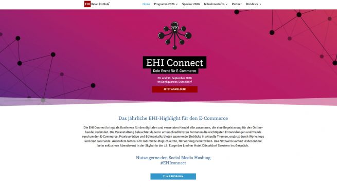 Die EHI Connect findet am 29. und 30. September 2026 im Denkquartier des Lindner Hotel Düsseldorf Seestern statt und bringt Entscheider aus dem digitalen und vernetzten Handel zusammen. Screenshot Webseite