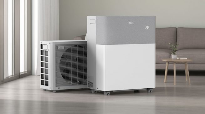 Die neue Midea PortaSplit mit R290 soll 2027 in Europa auf den Markt kommen. Hintergrund AI generiert.