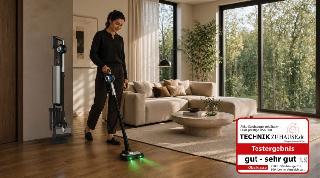 Der Fakir prestige HSA 500 kombiniert einen Akkustaubsauger mit einer Lade- und Absaugstation. Im Vergleichstest von „Technik zu Hause“ erhielt das Modell die Gesamtnote 1,5.