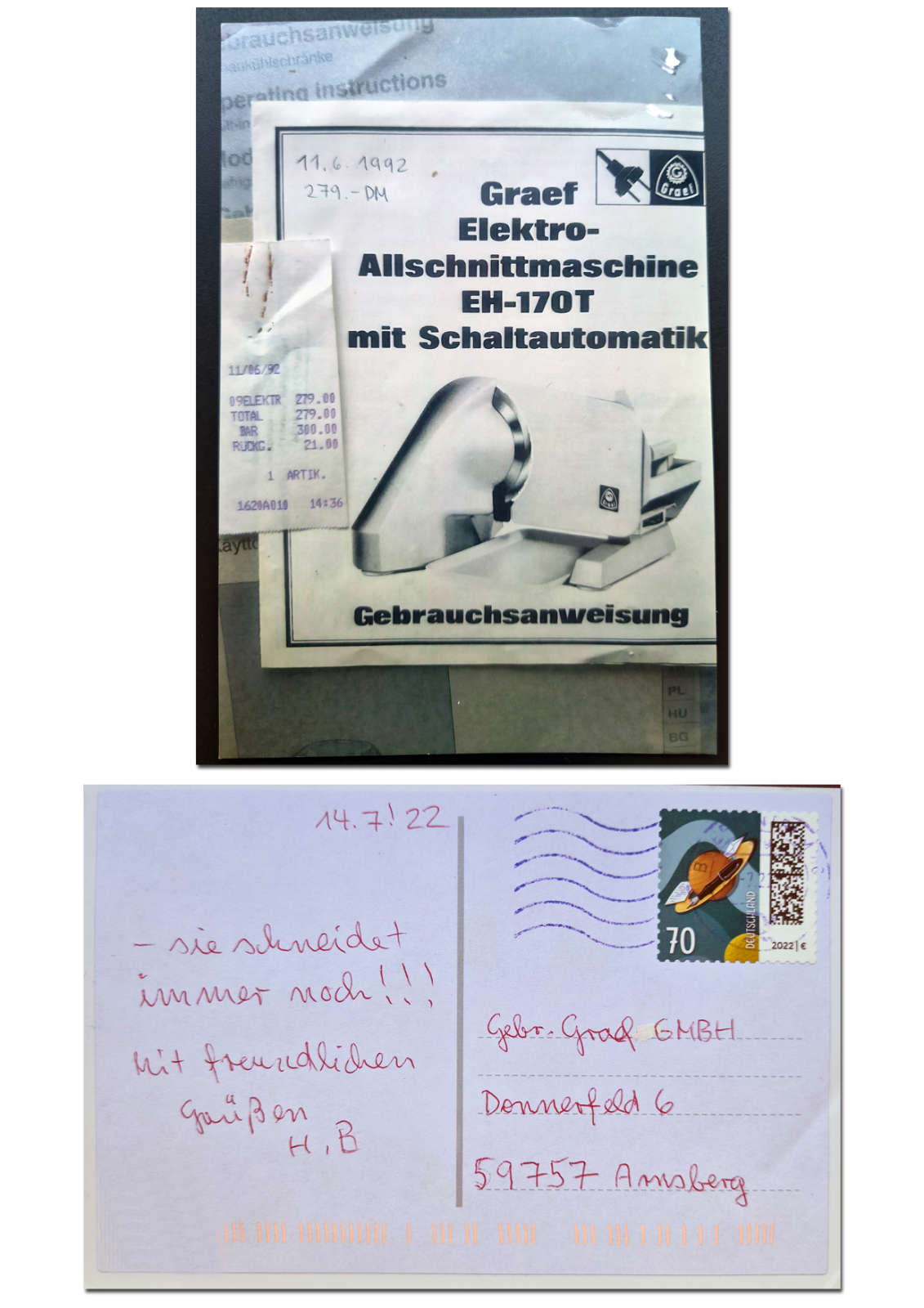 Manche Kunden feiern auch ihre Produktjubiläen mit GRAEF, so wie Holle B. aus Erkrath. Sie sendete im Juni 2022 eine ausgedruckte Foto-Postkarte von einem Kassenbon, Kaufdatum 11. Juni 1992 und der dazu passenden Gebrauchsanweisung des GRAEF Allesschneiders EH-170T