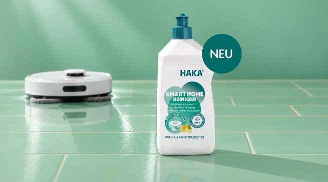 Der Haka Smart Home Reiniger ist pH-neutral und schaumarm formuliert und für Wisch- und Fensterroboter sowie Nass-Trockensauger vorgesehen.