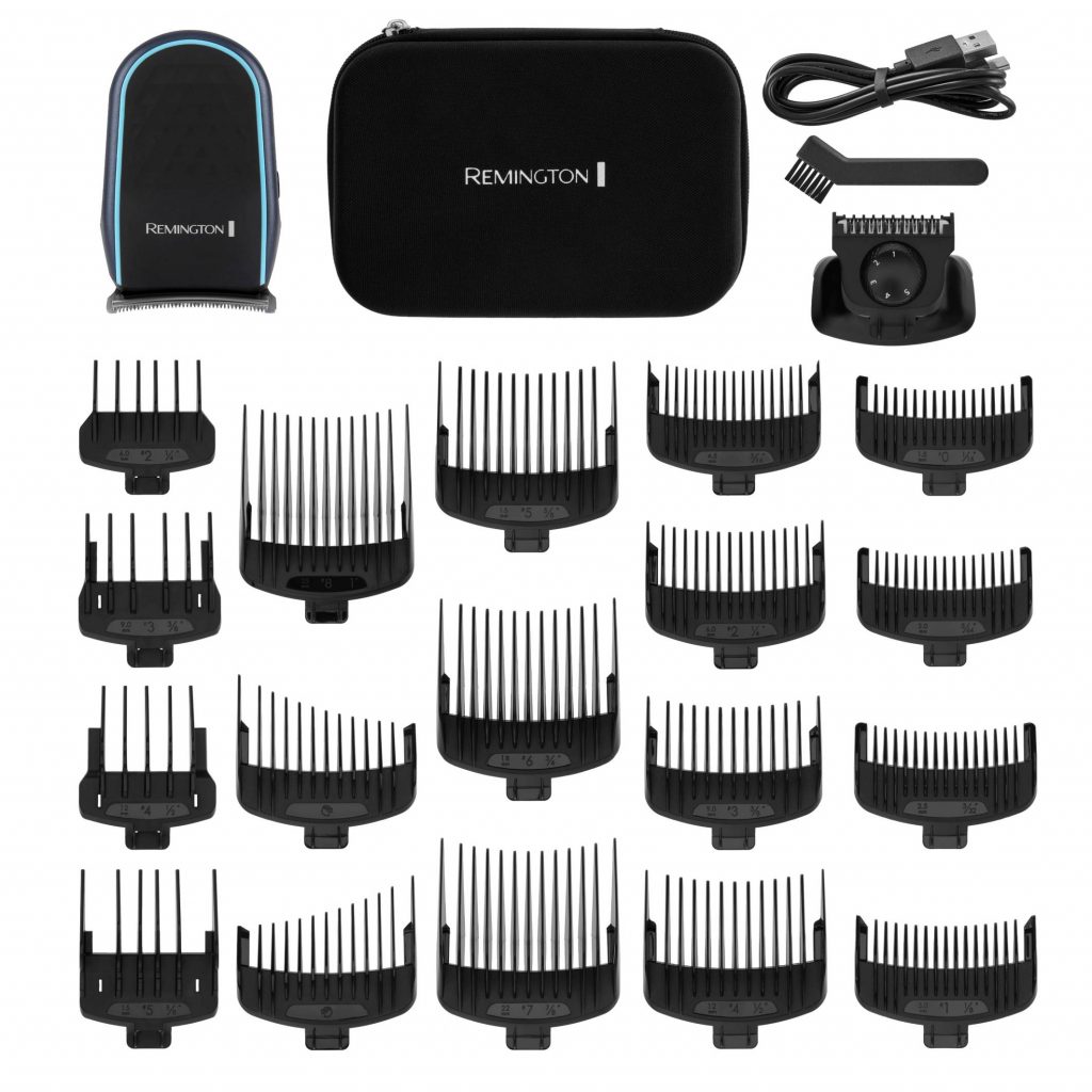 Umfangreich ausgestattet: Der Remington BuzCut Hair & Beard HC8005 bietet ein 25-teiliges Zubehörset mit verschiedenen Führungskämmen, Übergangskämmen und einem Barttrimmer-Aufsatz für unterschiedliche Haar- und Bartlängen. (Bild: Remington)